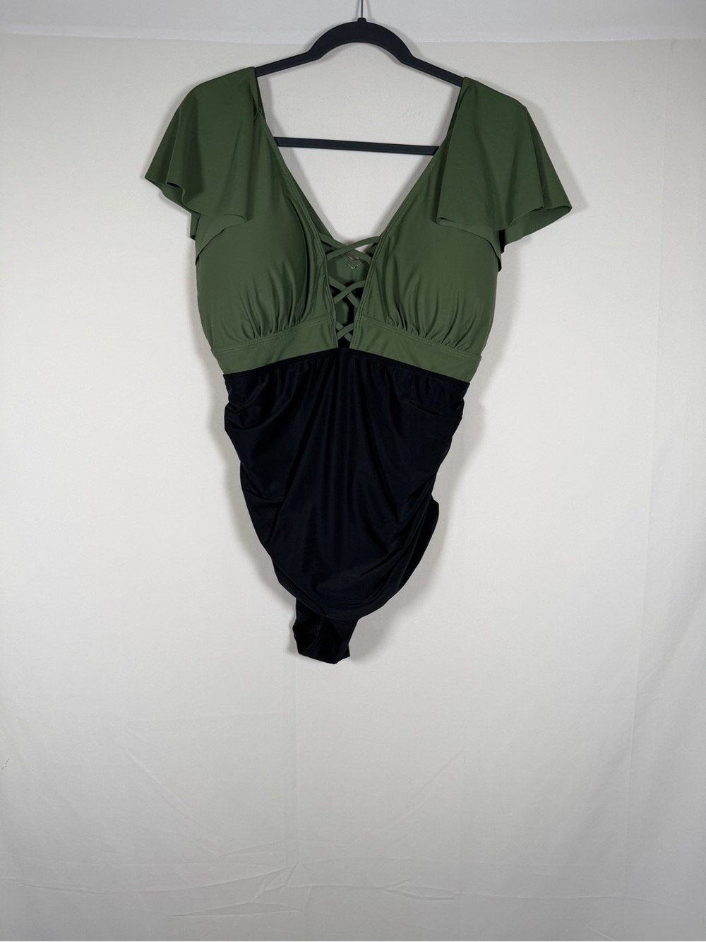 NWT‎ Olive and Black Flutter Sleeve One-Piece Swimsuit